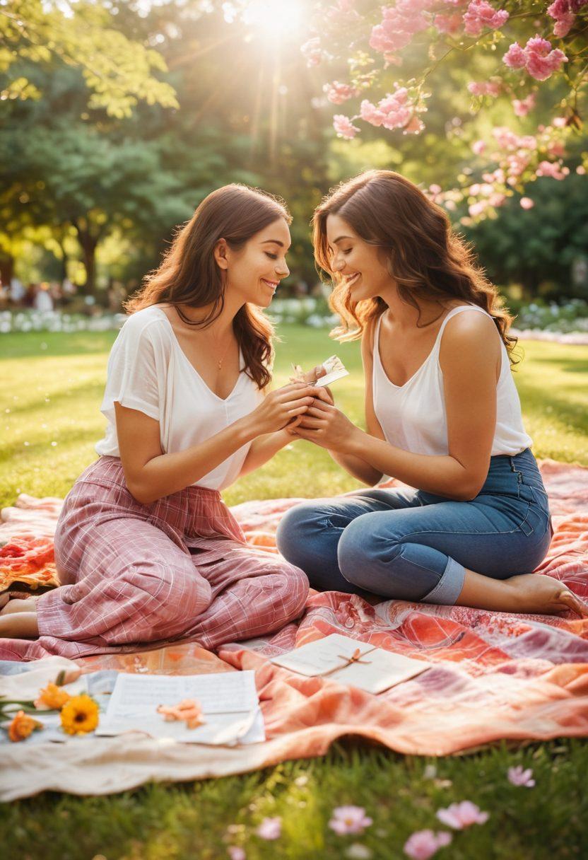 A warm, inviting scene of diverse couples sharing thoughtful gestures in a park, surrounded by colorful flowers and soft sunlight. Include elements like a picnic blanket, hand-written love notes, and intertwined hands to symbolize connection. Capture the emotion of joy and affection with subtle expressions on their faces. magical realism. vibrant colors. soft focus.